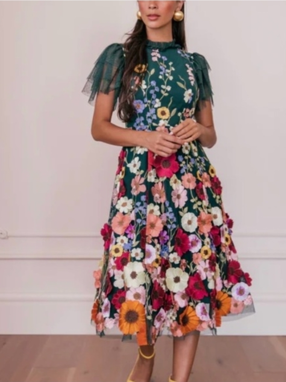 Jessakae JUBILE Floral Garden Green Tulle Sleeve Dress Xs